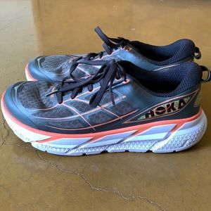 Hoka one one gray with orange/yellow trim